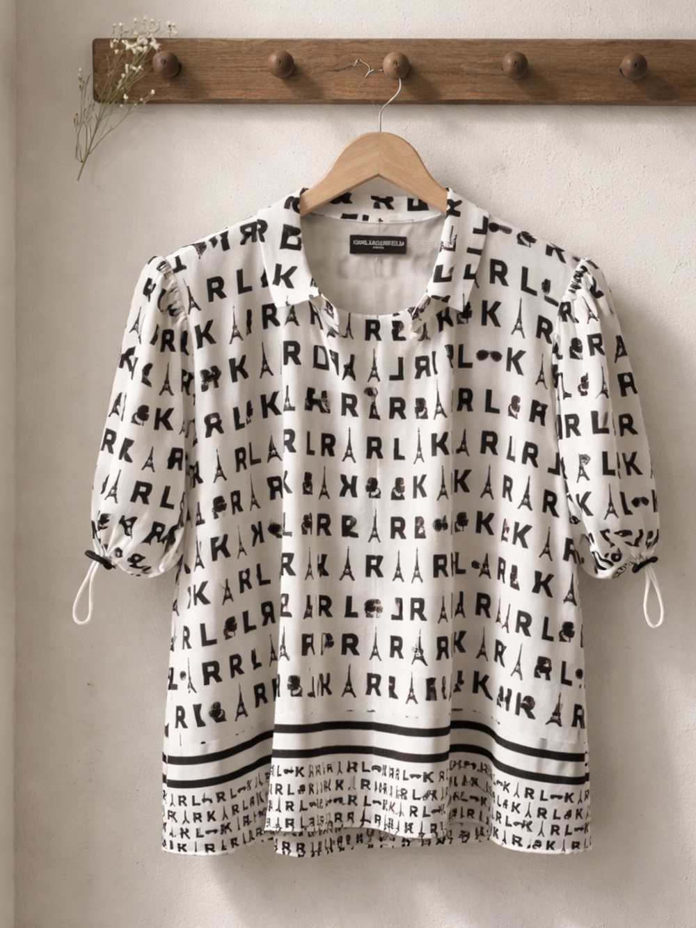 Karl Lagerfeld Black & White Logo Puff Sleeve Blouse